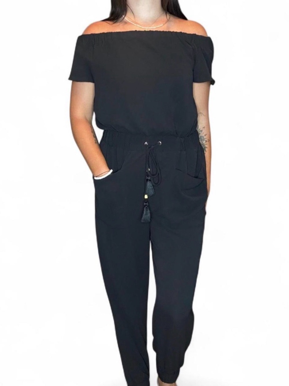 MICHAEL Michael Kors Black Off-the-Shoulder Jumpsuit with Tassel Drawstring